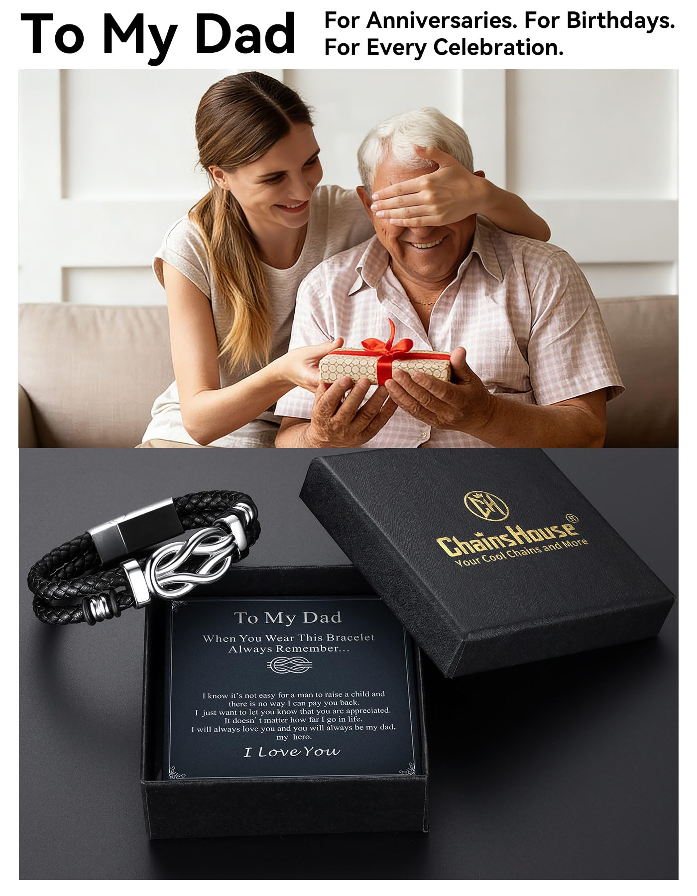 ChainsHouse Inspirational Gifts Bracelets for Men with Message Cards 8.3 Inches Braided Beaded Leather Square Knot Cuff Bracelet Birthday Gift for Dad