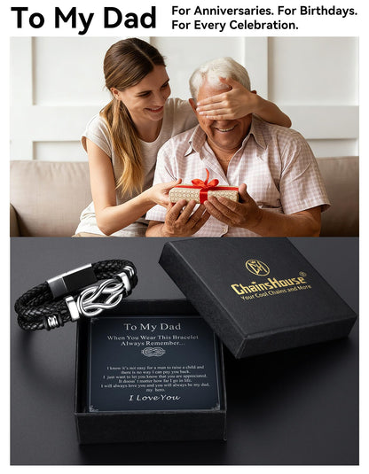 ChainsHouse Inspirational Gifts Bracelets for Men with Message Cards 8.3 Inches Braided Beaded Leather Square Knot Cuff Bracelet Birthday Gift for Dad
