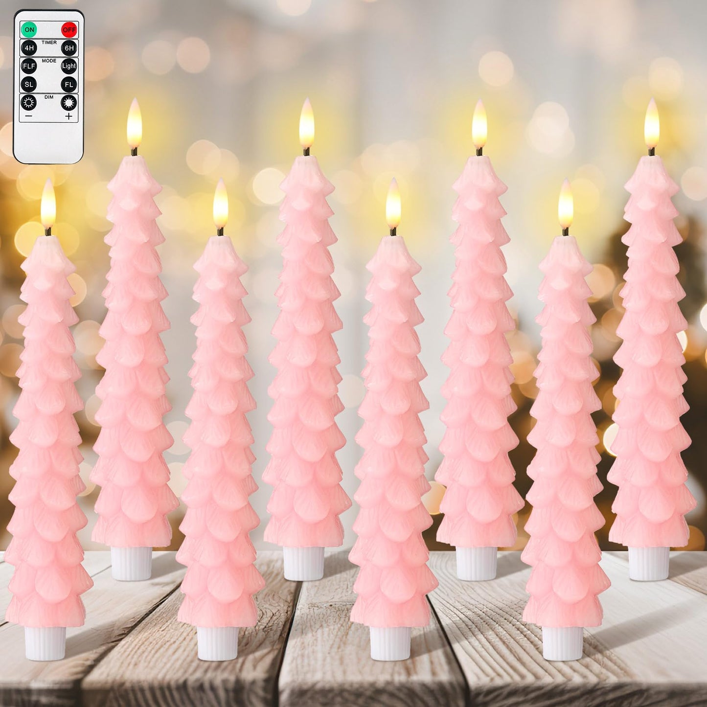 Tujoe 8 Pcs Pink Christmas Tree Flameless Taper Candles with Remote Xmas LED Candlesticks Battery Operated Electric Candlelights 3D Flickering Flame for Holiday Winter Party Table Centerpiece Decor