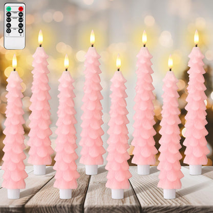 Tujoe 8 Pcs Pink Christmas Tree Flameless Taper Candles with Remote Xmas LED Candlesticks Battery Operated Electric Candlelights 3D Flickering Flame for Holiday Winter Party Table Centerpiece Decor