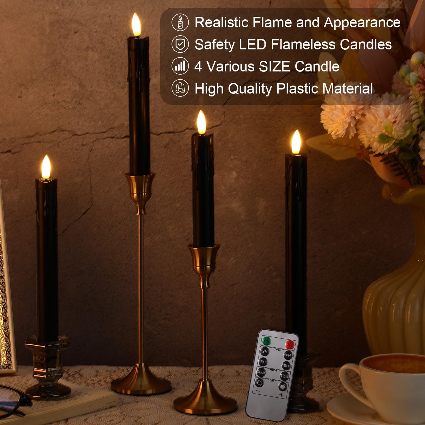 Retisee 20 Pcs Flameless Taper Candles with Timer Remote 6.5" 7.7" 8.9" 10" Plastic LED Candlesticks Battery Operated LED Candles for Indoor Home Wedding Christmas Decoration(Black)