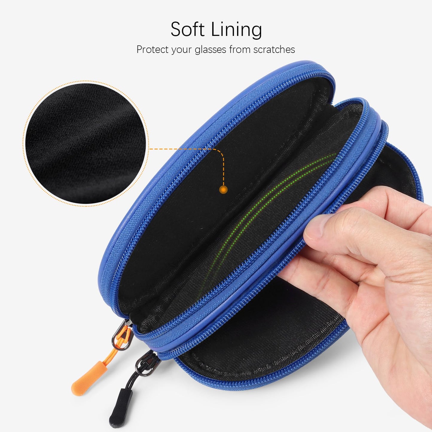 Tangoner Double Eyeglasses Case with Zipper – Faux Leather Soft Sunglasses Pouch, Portable Travel Glasses Holder with Keychain Clip for Men & Women (Blue PU)