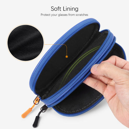 Tangoner Double Eyeglasses Case with Zipper – Faux Leather Soft Sunglasses Pouch, Portable Travel Glasses Holder with Keychain Clip for Men & Women (Blue PU)