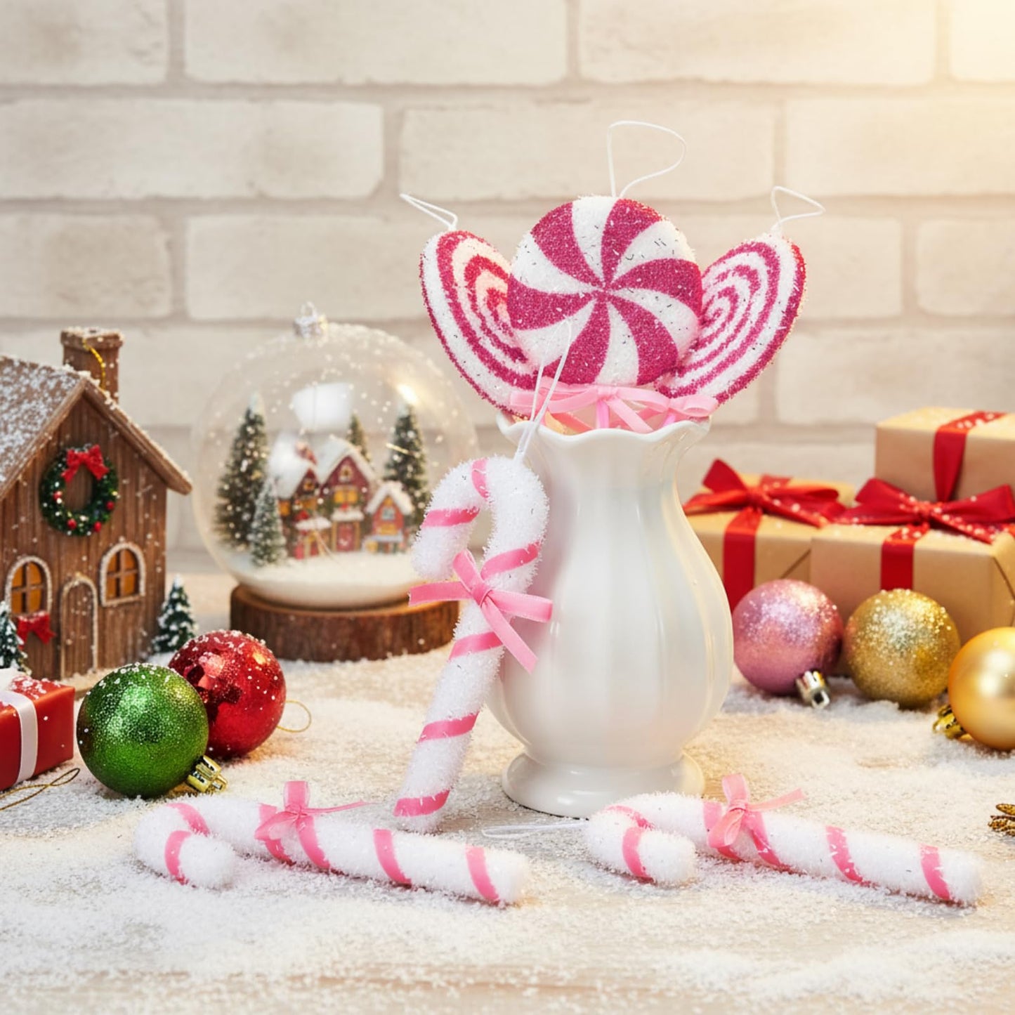 Threehoney 16 Pcs Candy Cane Christmas Decorations, Christmas Glitter Candy Cane Hanging Ornaments Xmas Swirl Windmill Lollipop Home Decor for New Year Xmas Indoor Home Supplies(Pink,Sweet)
