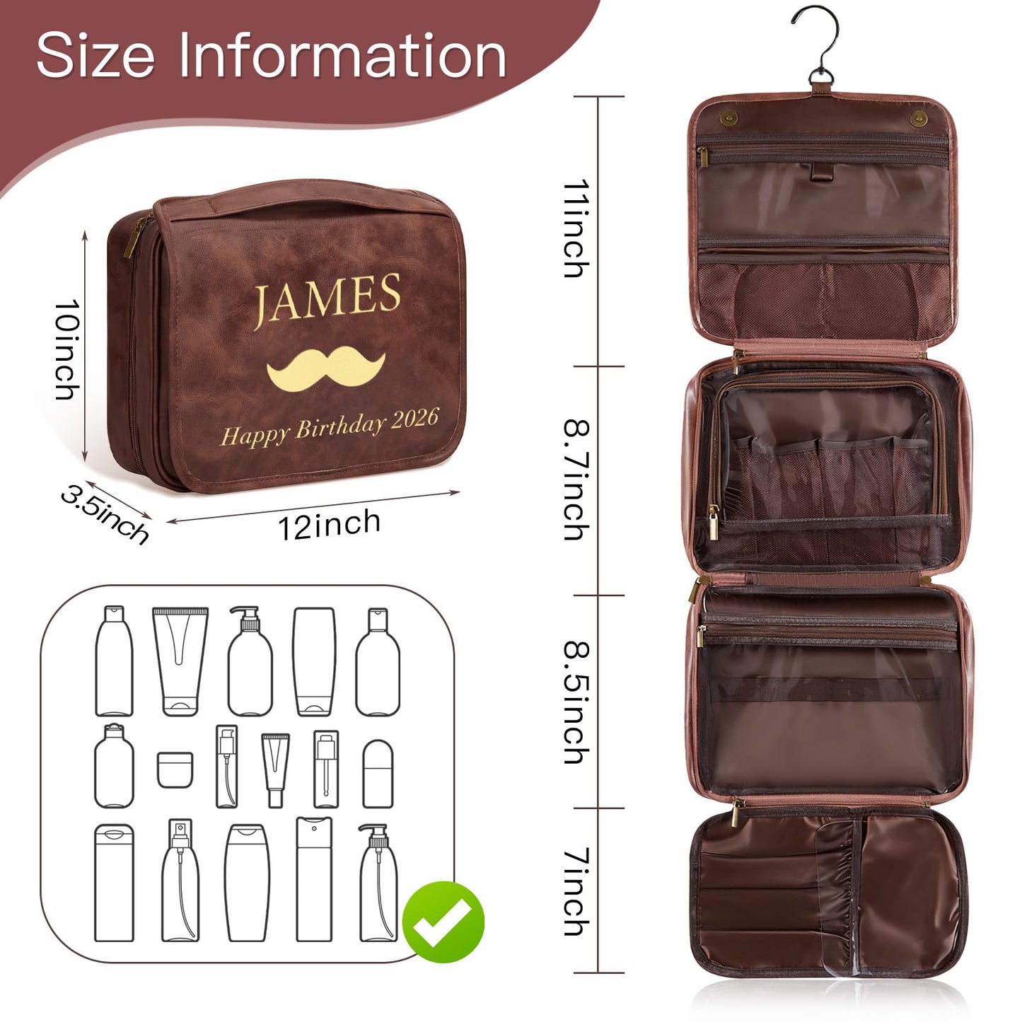 Aganmi Personalized Gifts for Men Hanging Toiletry Bag, Custom Waterproof PU Leather Dopp Kit with Laser Engraved Name, 3-in-1 Detachable Shaving Bag Gifts for Husband Dad Groomsmen Reddish Brown