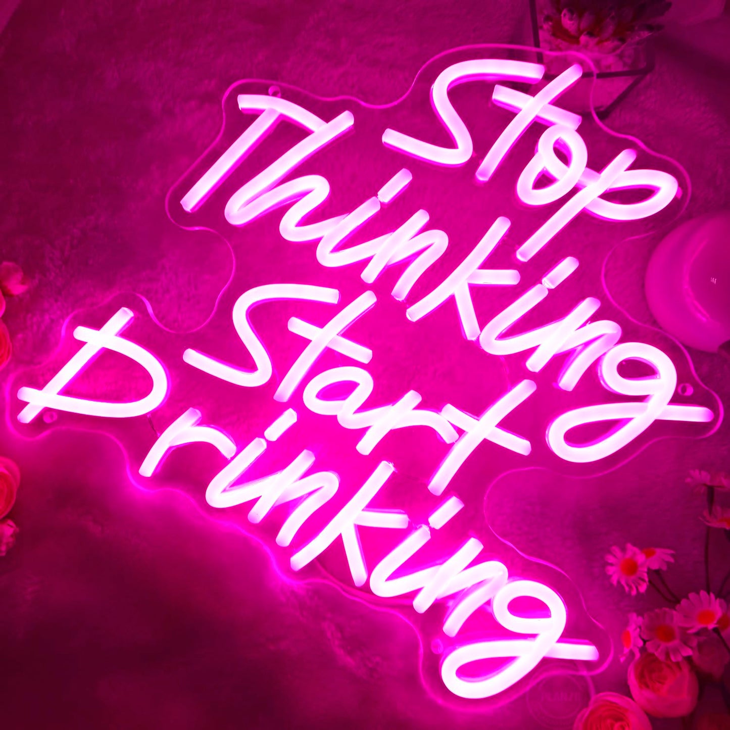 Planzo Stop Thinking Start Drinking Neon Sign Wall Decor Beer Sign for Home Bar Pub Bistro Man Cave Garage Night Club Coffee Shop LED Light Sign Kitchen Bedroom Birthday Party Gift 5V USB Pink