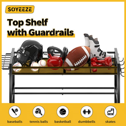 SOYEEZE Sports Equipment Organizer- Ball Storage for Garage,4 Tiers Outdoor Toy Storage,Soccer Racks,Basketball Shooting Training Stand Cart with Wheels and Hooks for Home-School and Gym Use