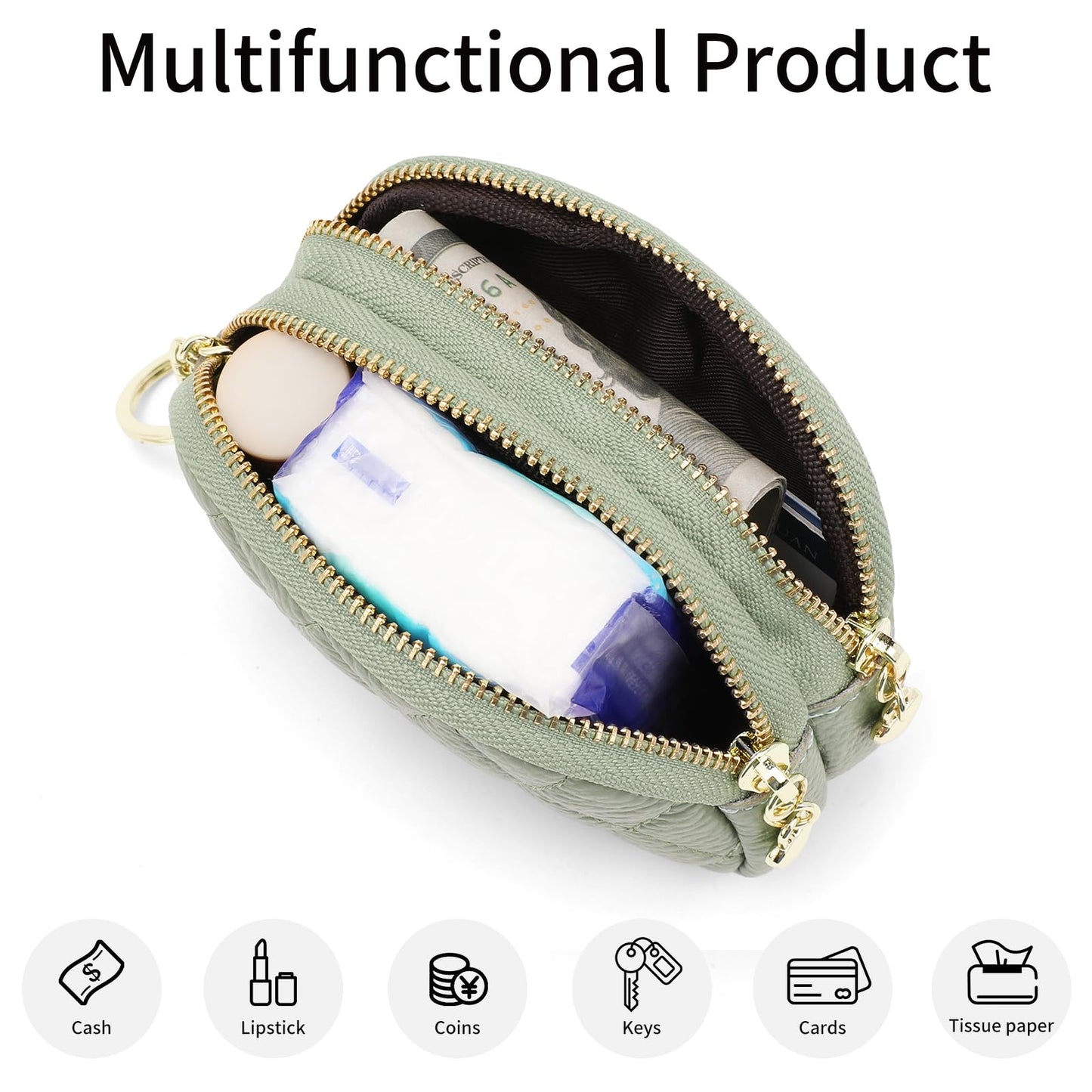 SENDEFN Women's Coin Purse Genuine Leather Wallet Small 2 Zippers Change Pouch Purse with Keychain Ring