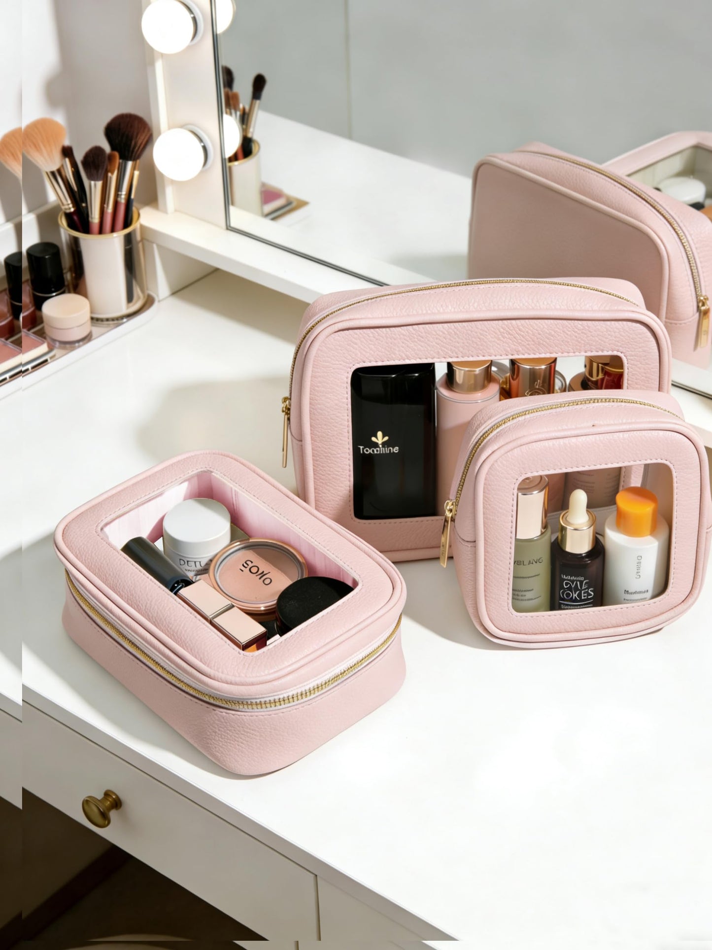 3Pcs Clear Makeup Bag Set for Women, Waterproof Travel Clear Makeup Bag Small Toiletry Bag Skincare Pouch Portable Travel Cosmetic Bag with Zipper Compact Car Organizer Bag for Essentials (Pink Set)