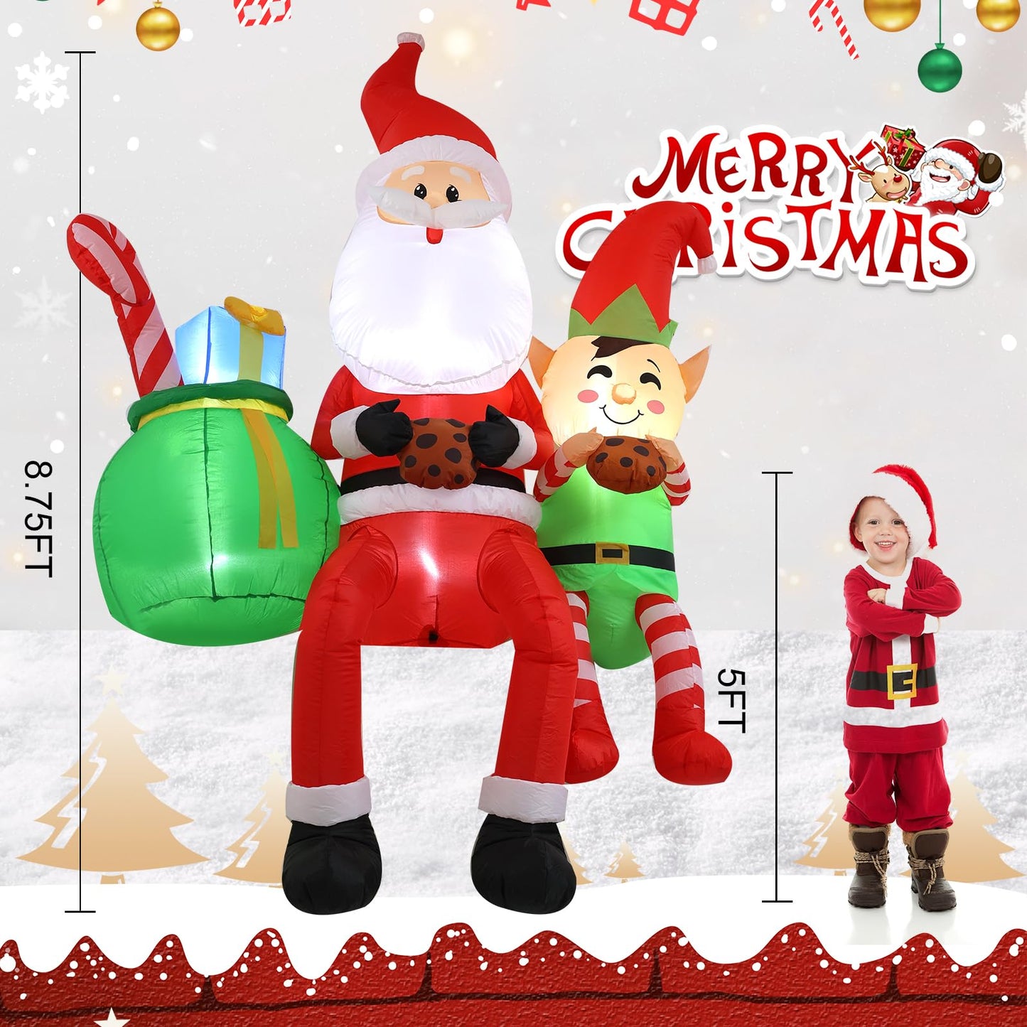 InfleasJoiy 8FT Santa Claus Sitting on the Roof Christmas Inflatable Decoration with LED Lights, Suitable for Holiday Celebration Decorations in Courtyards, Lawns, Terraces, etc.
