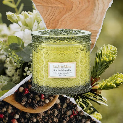 LA JOLIE MUSE Starlit Golden Fir Candle - Cedarwood, Patchouli, Fir Balsam | 12 oz Large 2-Wick Soy Wax Candle | 60 Hours Clean Burn | Balsam and Fir Candle | Gift-Ready for Hosts & Gatherings