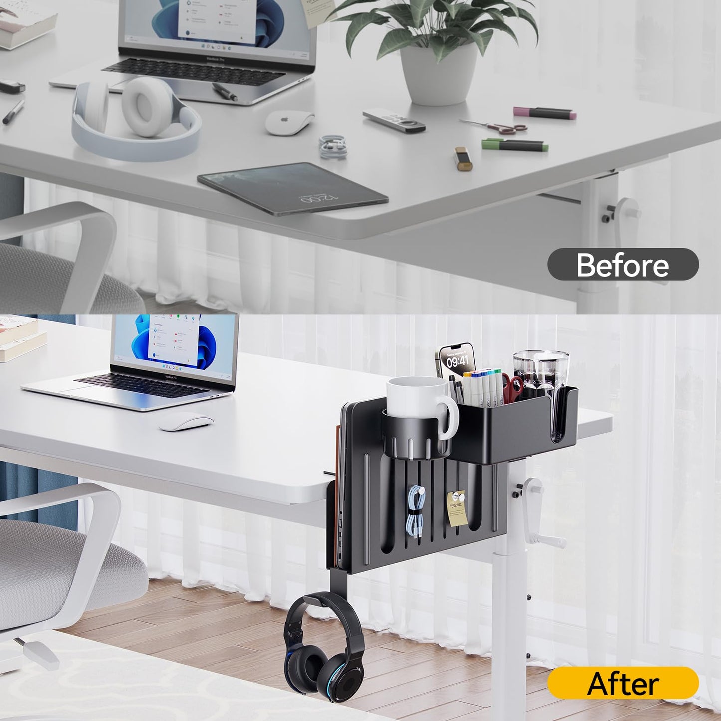 KDD 7 in 1 Desk Side Organizer Set, Under Desk Laptop Holder Storage, No Drill Laptop Stand Mount with 2 Cup Holder, Pen Holder, Headphone Hanger and 2 Pin Magnet, Detachable Hanging Stand