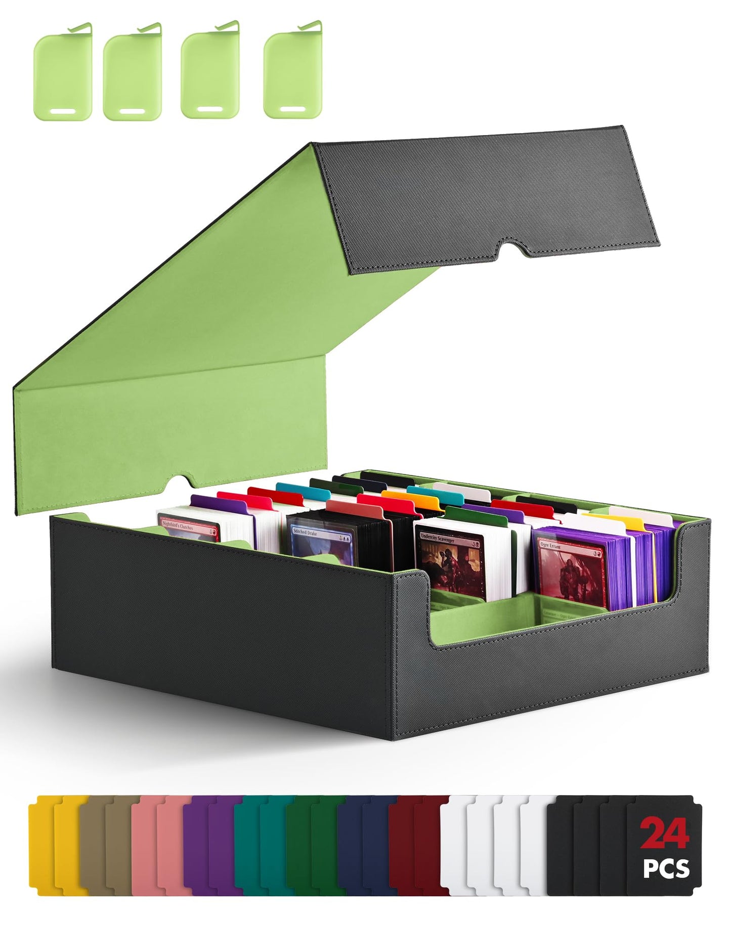 ZLCA Card Storage Box for MTG PTCG, Commander Deck Box Holds 3200+ Cards, Trading Card Storage Case with 4 Stoppers, Card Organizer for TCG Sport Cards(Black&Green)