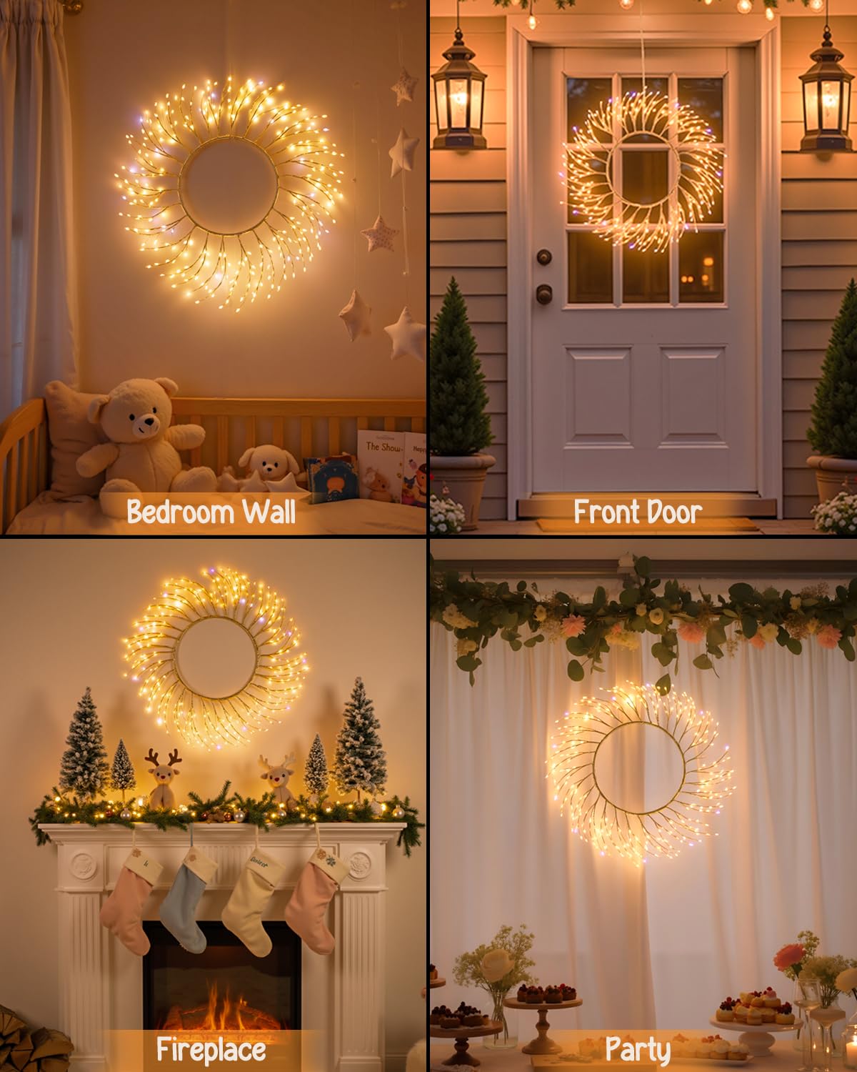 ooLALoo Pre-Lit Christmas Door Wreath Decorations, 22" Christmas Wreath with 260 LEDs Fairy Lights, USB Operated Window Lights Hanging for Front Door Wall Party Xmas Indoor Decor, Gold Twig