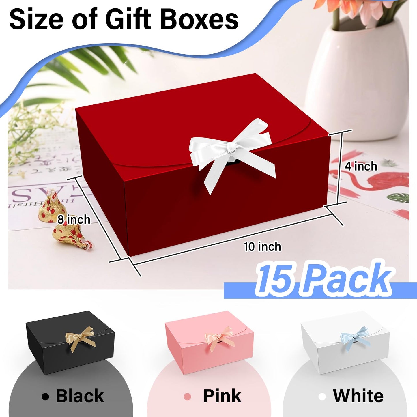 PEKGRIL 15 PCs Gift Boxes with Lids, Red 10X8X4 Inch Gift Boxes, Bridesmaid Proposal Box with Ribbon, Kraft Paper Boxes for Wedding, Packaging, Present, Birthday, Christmas, Party