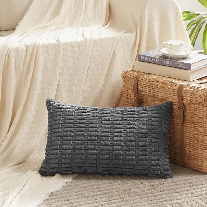 Fancy Homi Dark Grey Lumbar Decorative Throw Pillow Covers 14x24 Inch for Living Room Couch Bed Sofa, Rustic Farmhouse Boho Home Decor, Soft Striped Corduroy Rectangle Cushion Case 35x60 cm
