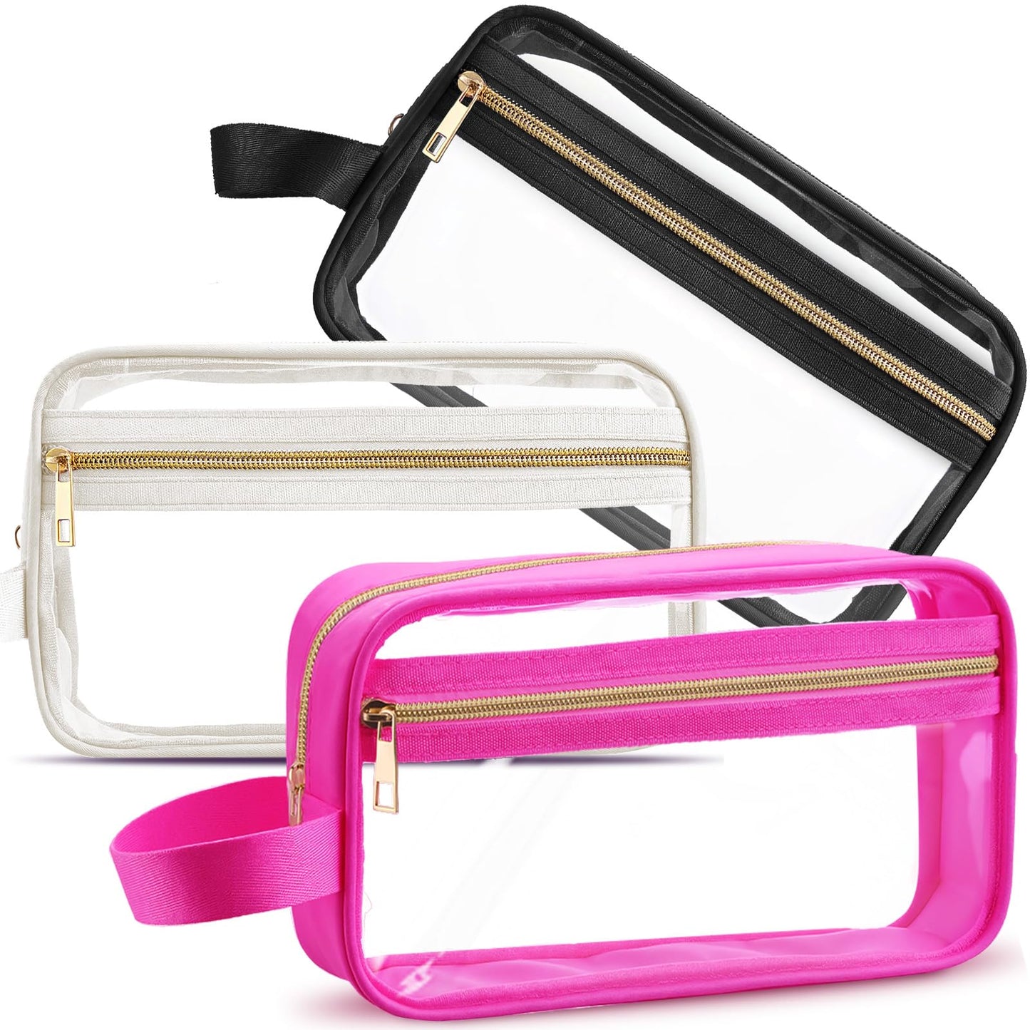 Pinkunn 3 Pcs Clear Makeup Bags Tsa Approved Toiletry Bag with Handles Cosmetic Bags with Zipper Small Clear Travel Toiletry Bag for Women Carry-on Travel Essentials(Black, White, Rose Red)