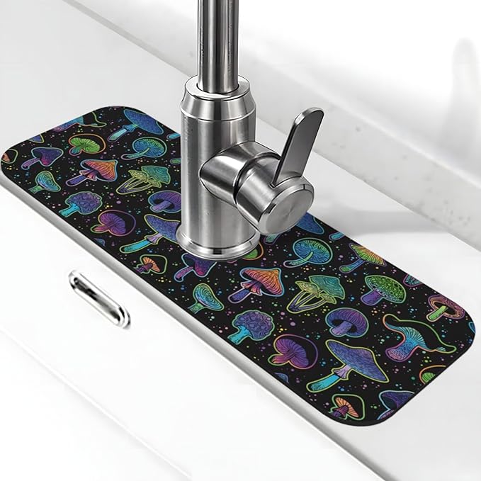 Cool Mushroom Mushrooms Kitchen Sink Splash Guard Faucet Mat Super Absorbent