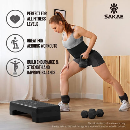 Black Exercise Step Platform Set with Kettlebell & Measuring Tape, Adjustable Height 2 Level Risers Workout Step Trainer, Aerobic Steppers for Home Gym Exercise Fitness Workout