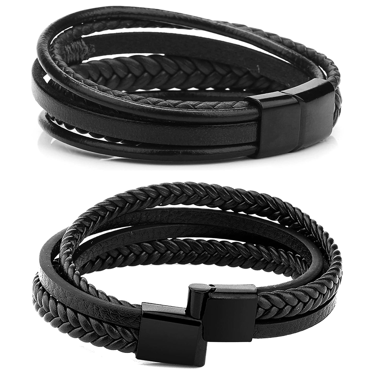 RIOSO 6 Pieces Mens Leather Bracelet Stainless Steel Multi-layer Braided Black Leather Bracelets for Men