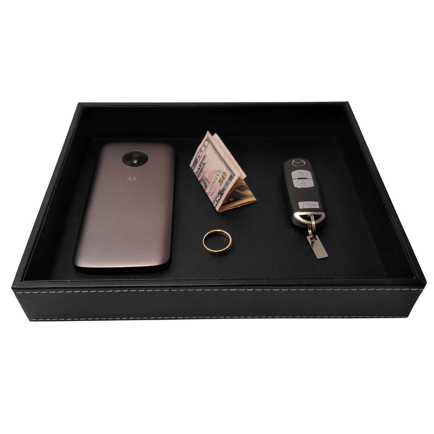 ULTRAY, Valet Tray, Desk Tray, Key Bowl, Nightstand Organizer for Men, Black PU Leather, 10.3 x 8.3 x 1.6 inches