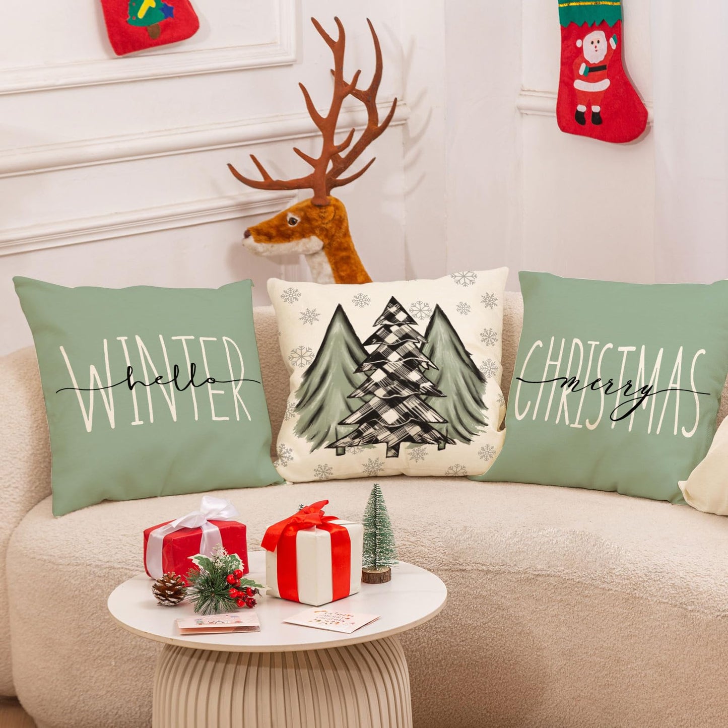 Christmas Throw Pillow Covers Sage Green Christmas Tree Truck Pillow Case Xmas Winter Farmhouse Decorative Cushion Case for Home Office Room Couch Sofa, 18 x 18 Inch, 4 Packs