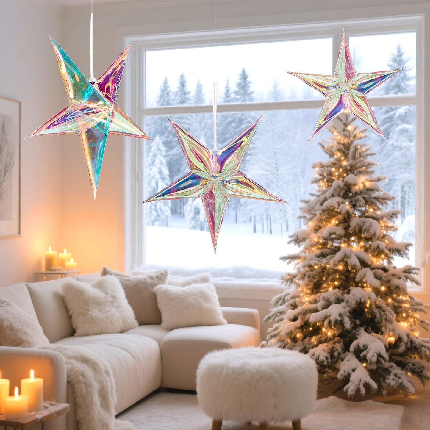 SUNBEAUTY 14 Inch 5 - Pointed Iridescent Christmas Lights Moravian Star 3D Christmas Party Decor Hanging for Wedding Birthday Showers Home Evening Party Window Decoration