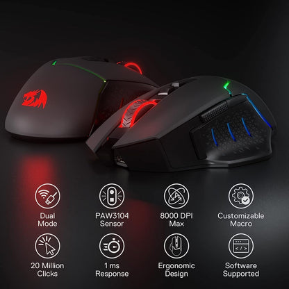 Redragon M690 PRO Wireless Gaming Mouse, 8000 DPI Wired/Wireless Gamer Mouse w/Rapid Fire Key, 8 Macro Buttons, Ergonomic Design for PC/Mac/Laptop, White