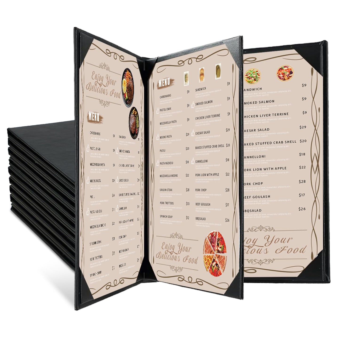 FLKQC Restaurant Menu Covers Holders 8.5 X 11, 10 Pack Synthetic Leather Menu Holder Covers Book Style with Angled Corners Black for Wine List, Certificate Organizer Diploma Holder