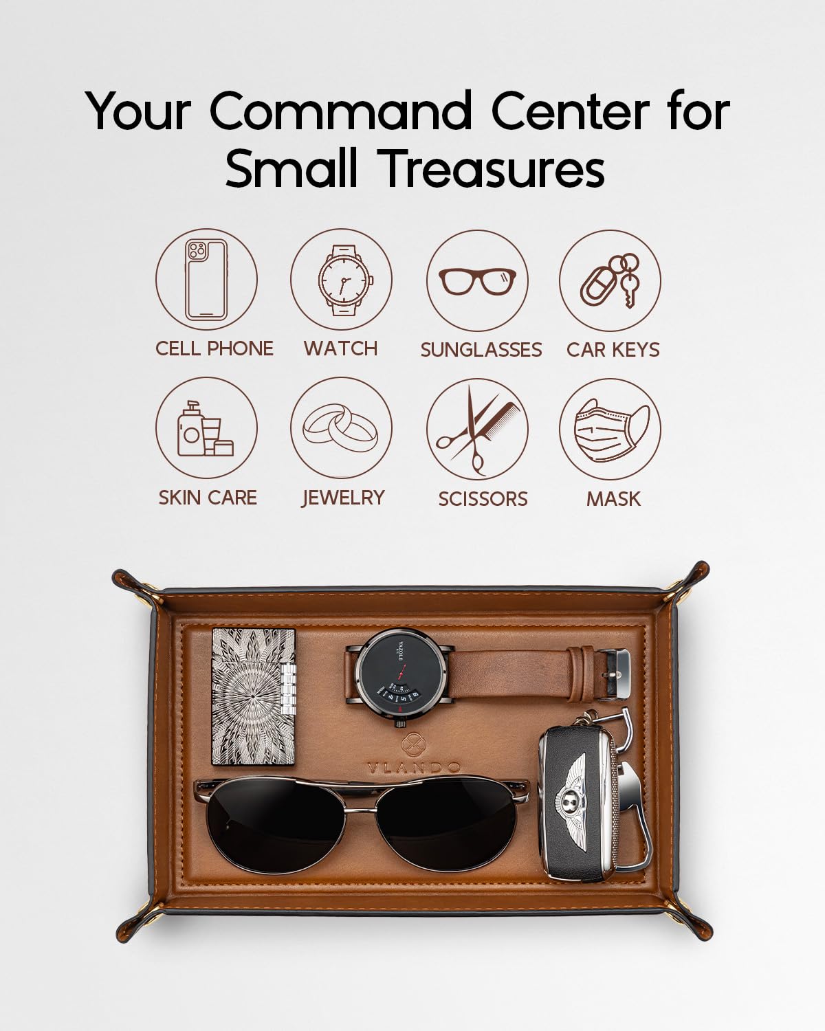 VLANDO PU Leather Valet Tray, 8.5 x 5 x 1.5 Inch Catchall Organizer for Men, Desk Nightstand Dresser Holder for Keys Phone Wallet Watch Coins, Entryway Gift