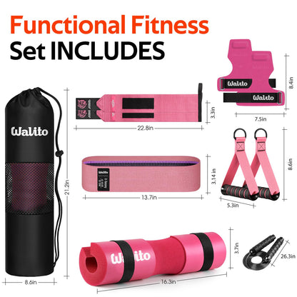 WALITO Barbell Squat Pad Set for Women, 10 Pcs Hip Thrust Gym Equipment with Exercise Handles, Wrist Wraps, Lifting Straps, Booty Band & Jump Rope, Portable Cable Machine Attachments