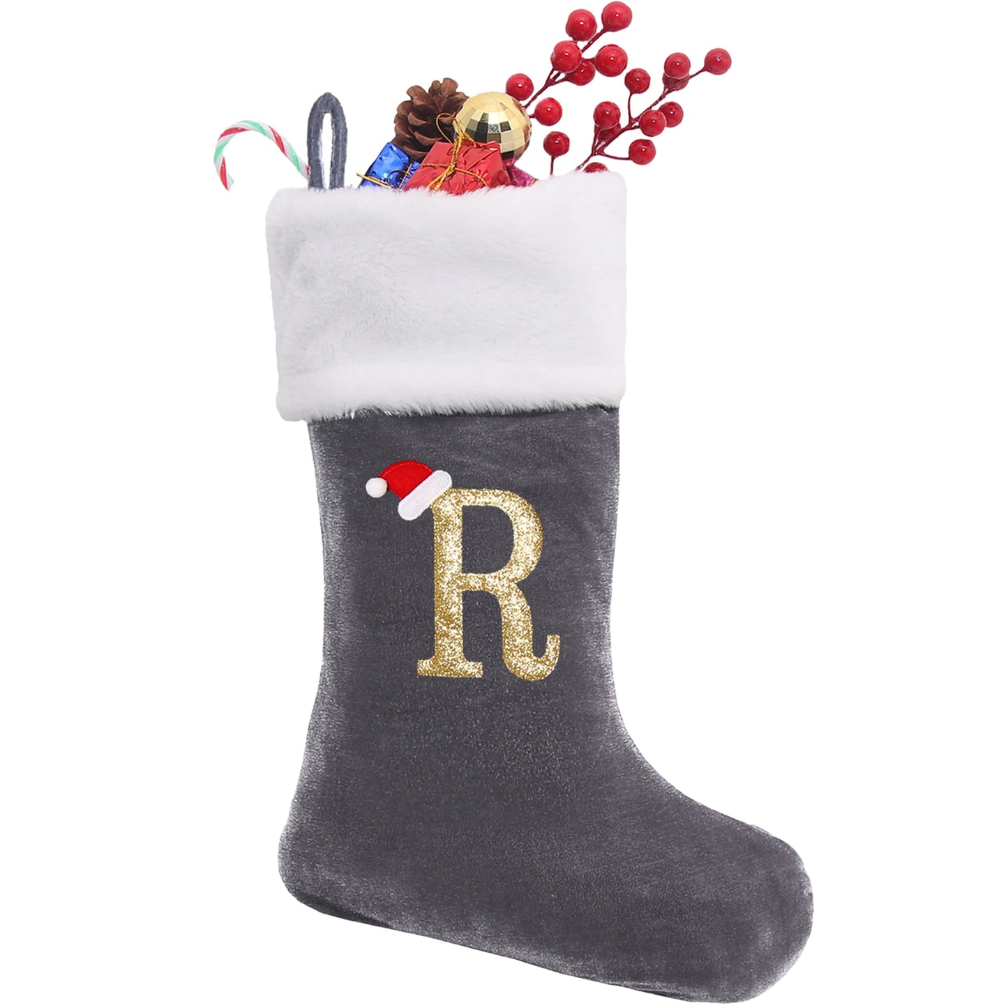 Sailup 20 Inches Monogram Christmas Stockings with Letters, Large Super Soft Christmas Stockings Grey Velvet with White Super Soft Plush Cuff for Christmas Xmas Tree Holiday Fireplace Grey