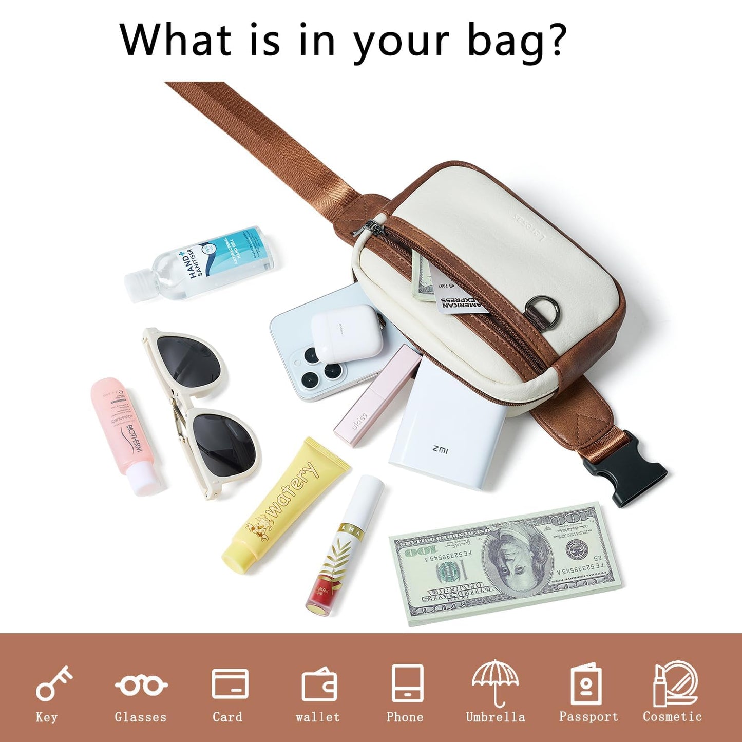 Leresas 2L Fanny Packs for Women Everywhere Belt Bag Chic Waist Pack Bag Crossbody Purse Faux Leather Travel Cycling Beige