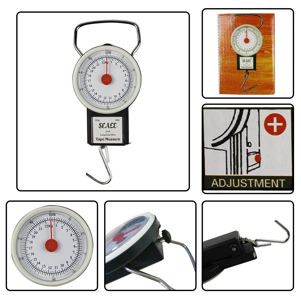 JSHANMEI Digital Hanging Scale Mechanical Kitchen and Fishing Scale Multi-Purpose Portable Hand Held Dial Weight Scale with Tape Measure (50 Lbs / 22Kg)