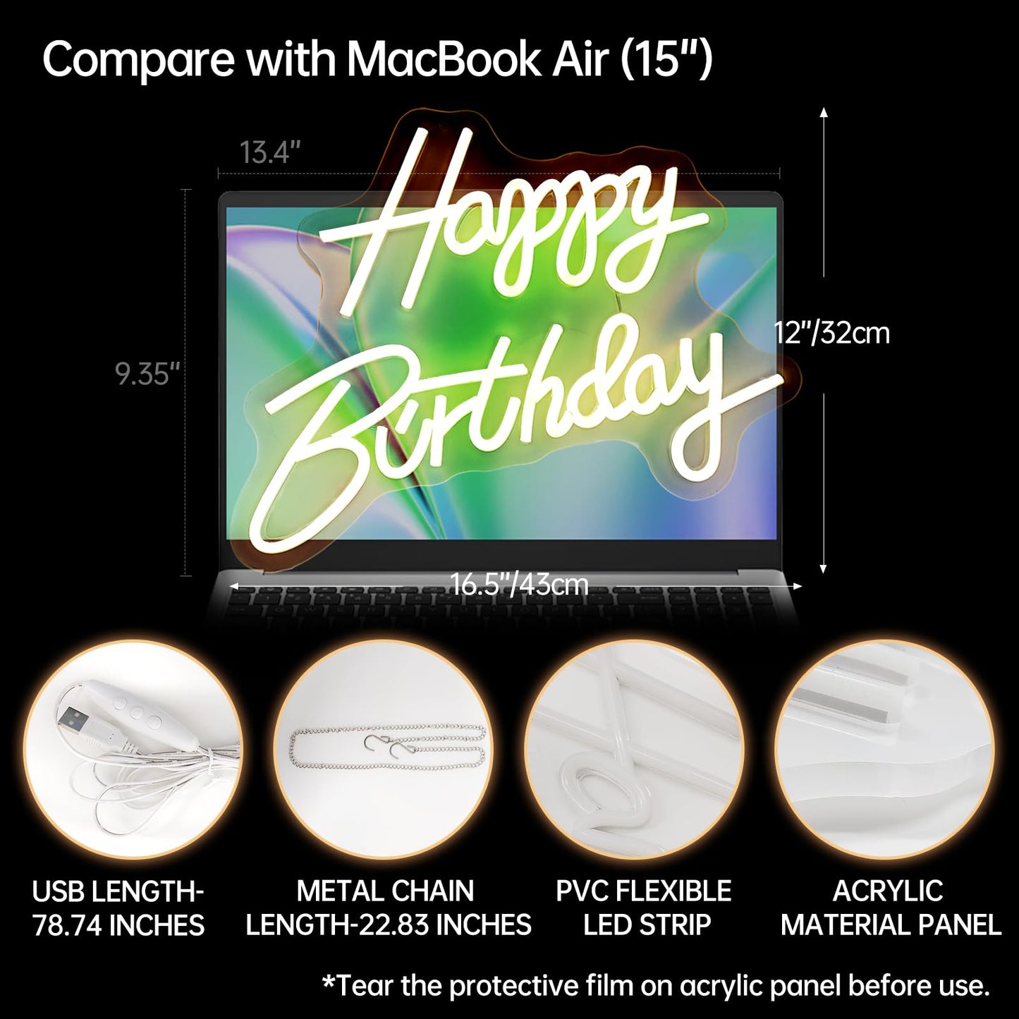 Happy Birthday Neon Sign, Happy Birthday Light Up Sign, Neon Happy Birthday Sign, Happy Birthday Led Sign for Backdrop All Birthday Party Decoration USB Powered Warm White,16.5 x 12 Inches (Plug not provided)