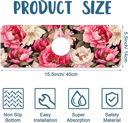 Garden Flowers Sink Splash Guard Faucet Mat Watercolor Peonies Super Absorbent