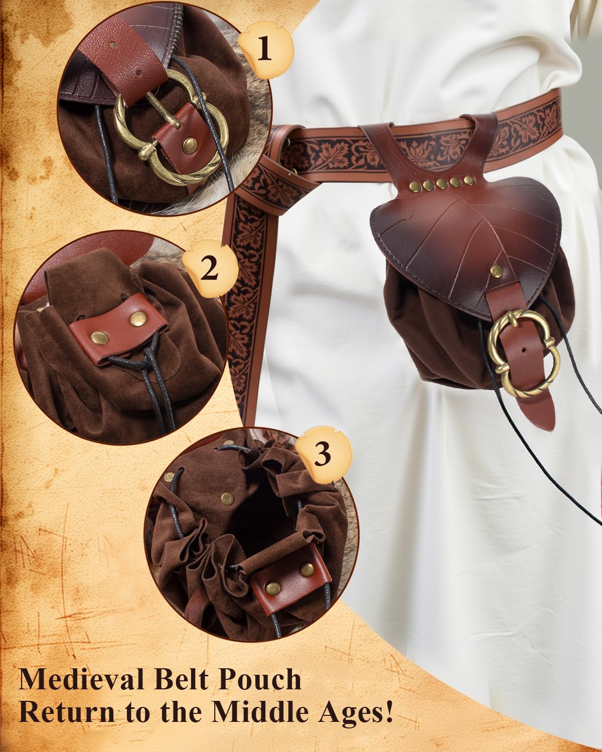 Leather Belt Pouch Medieval Vintage Renaissance Viking LARP Cosplay Costumes Drawstring Coin Purse Phone Holder Waist Bag (Leaf Brown)