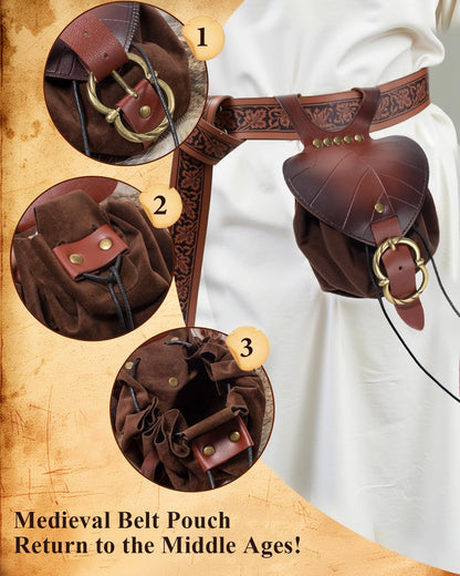 Leather Belt Pouch Medieval Vintage Renaissance Viking LARP Cosplay Costumes Drawstring Coin Purse Phone Holder Waist Bag (Leaf Brown)