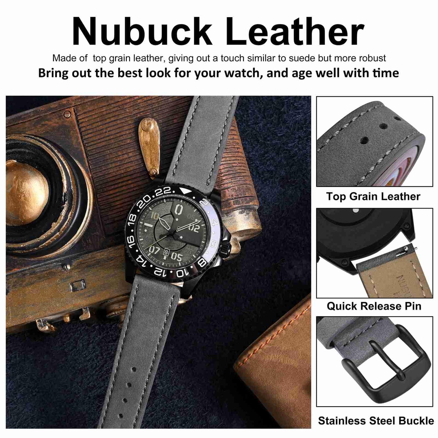 WOCCI 20mm Retro Leather Watch Band for Men and Women, Quick Release Replacement Strap with Black Buckle (Grey)