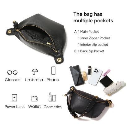 ITAMOOD Genuine Leather Waist Packs for Women, Fashion Fanny Pack Belt Bag, Luxury Designer Trendy Crossbody Bag, Festival Bum Bags for Sports Traveling Running With Chain Straps