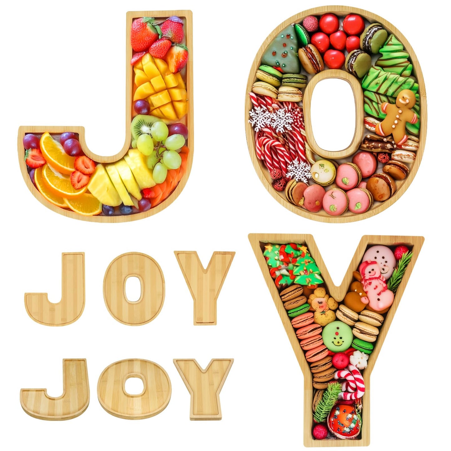 OurWarm 3Pcs Christmas Charcuterie Board, JOY Bamboo Appetizer Serving Platter, Large Candy Dish Snack Platters, Gift Ideas for Housewarming Party