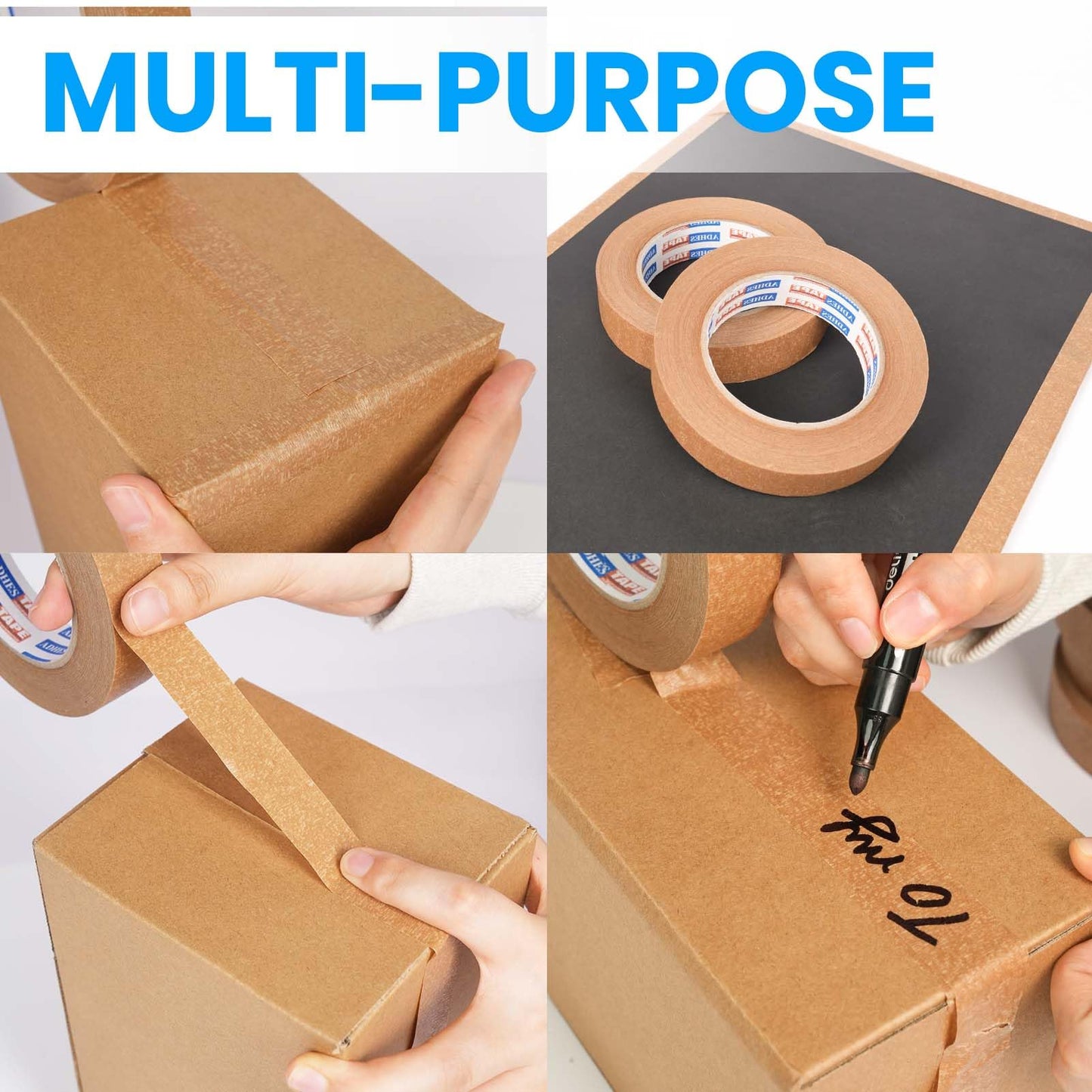 ADHES Kraft Paper Tape 1 Inch x 55 Yards x 6 Rolls, Narrow Packing Tape for Light Duty Sealing, Eco-Friendly Brown Paper Tape, Easy Tear & Writable, for Small Boxes, Labeling & DIY