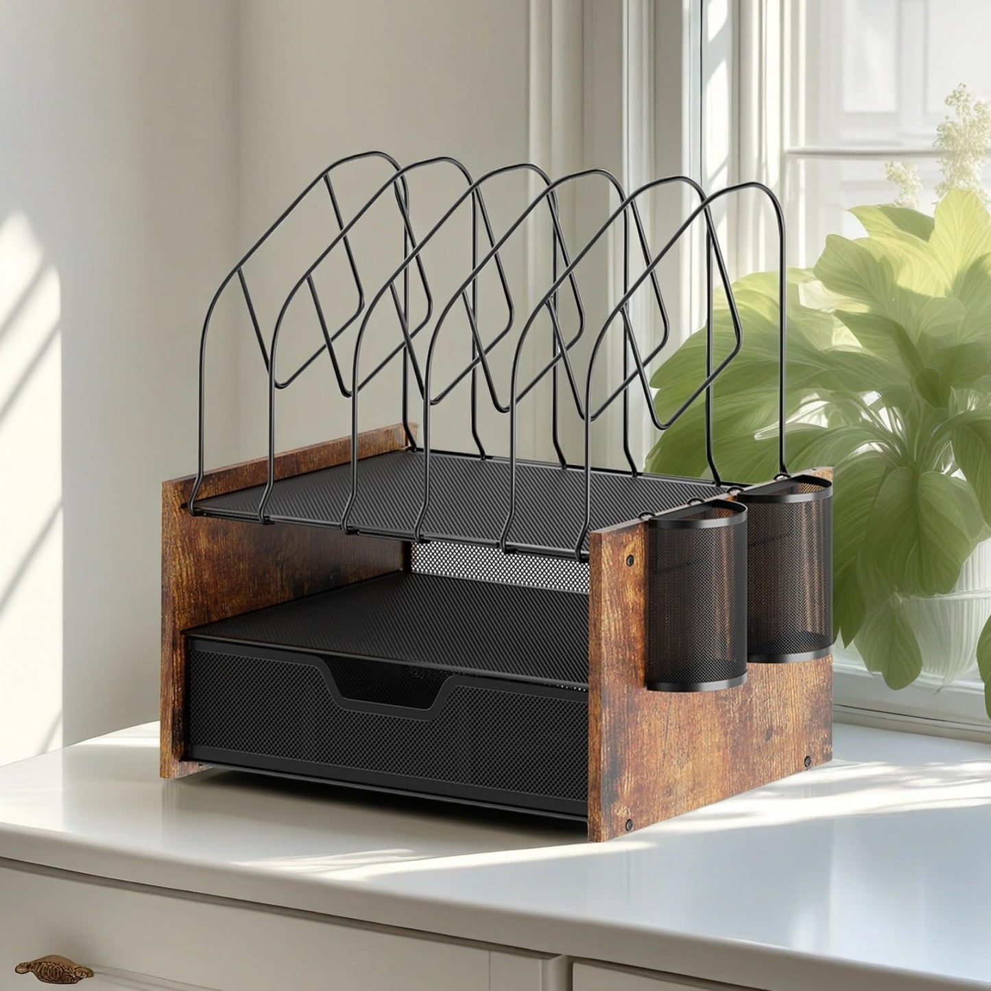 Boershun Wood Desk Organizer - 2-Tier Desktop File Organizer with Drawer with Vertical File Holder, Wooden Paper Tray, Office Desk Organzier and Accessories for Papers, Mail, Notebooks, Stationery