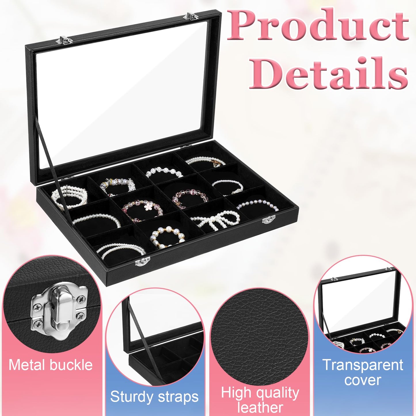 12 Grid Stackable Bracelet Holder Organizer Box for Drawer Tray, Velvet Jewelry Organizer Box Bracelet Display Jewelry Trays with Transparent Glass Lid Bangle Necklace Ring Holder Case for Selling