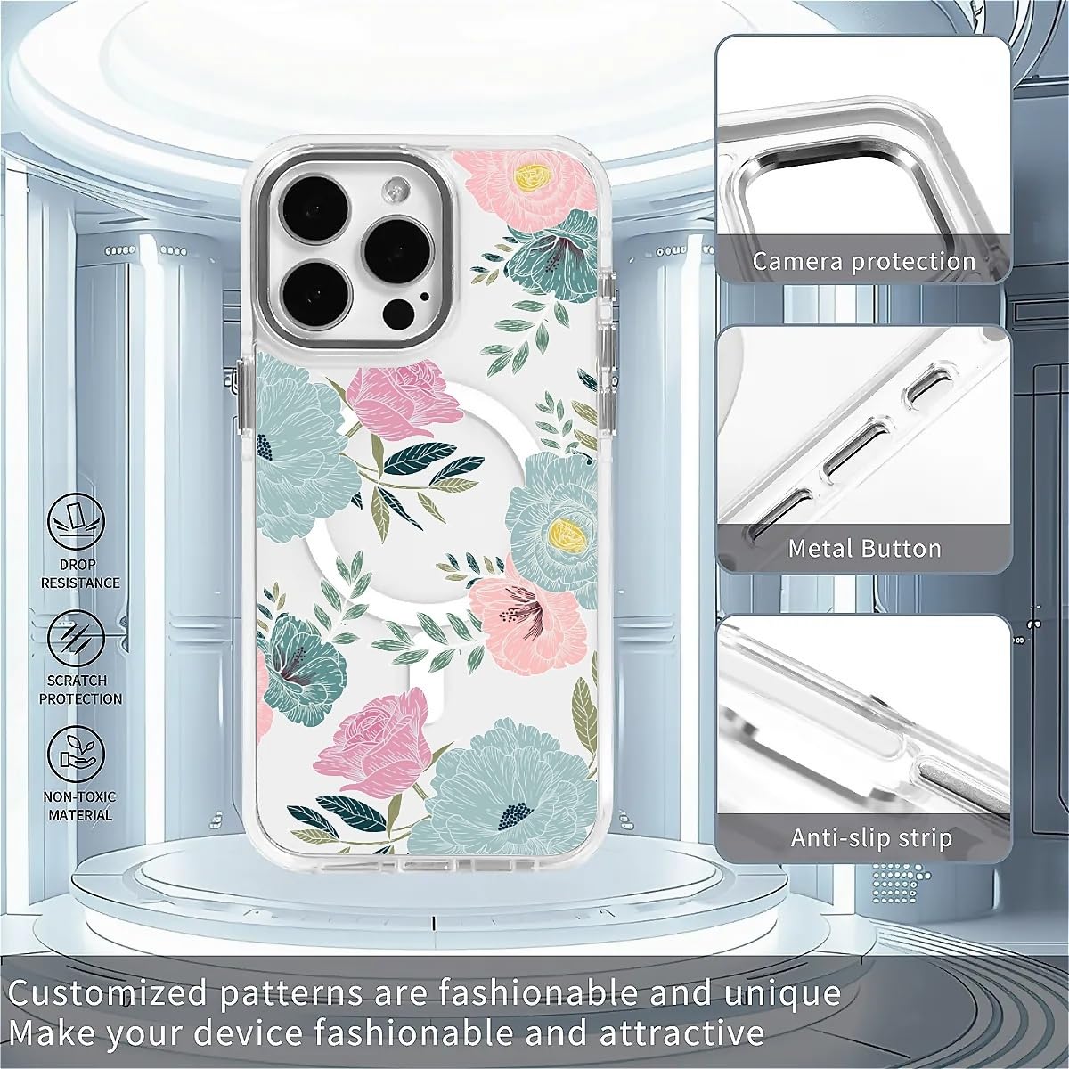 TAMEFOX for iPhone 15 Pro Max Clear Case, Campatible with Magsafe,Blue Red Camellia Soft TPU Slim Magnetic for Women Girl Protective Case for iPhone 15 Pro Max-6.7 Inch (White)