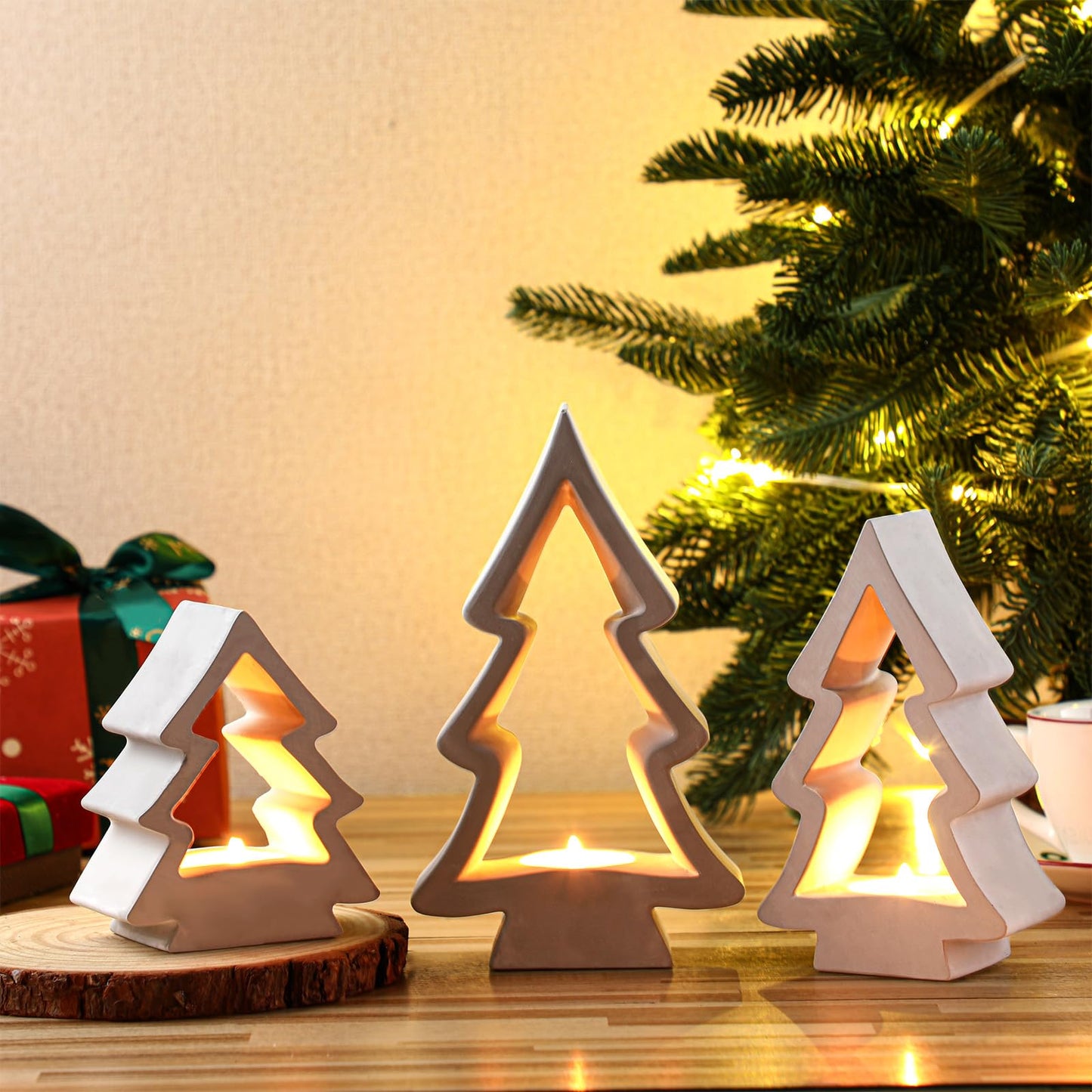 Sunnychicc 53 Pcs Christmas Tree Candle Holders Concrete Tea Light Holders Christmas Tree Table Centerpieces Party Decorations Xmas Gifts for Farmhouse Holiday Party Fireplace Mantel Decor