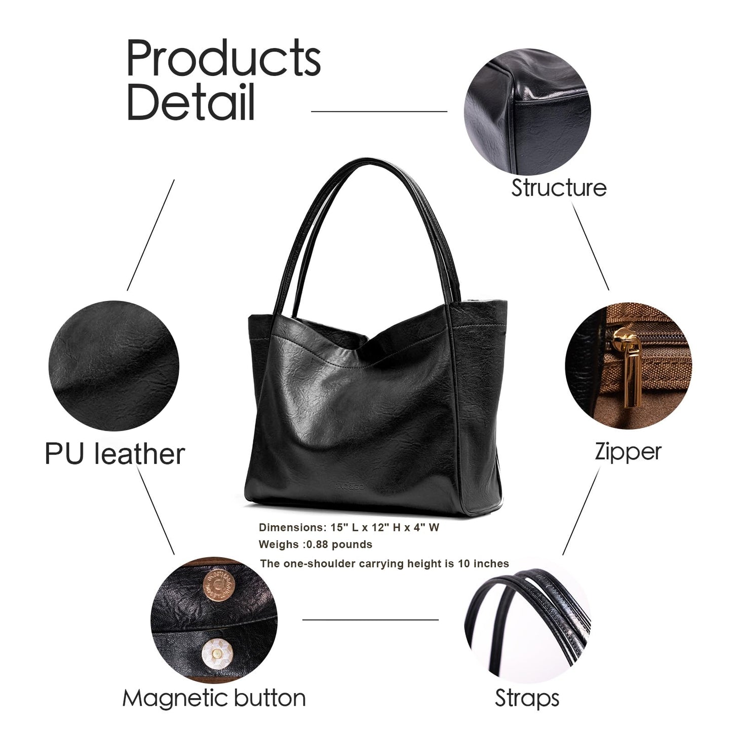 Large Tote Bag for Women Purses for Women Shoulder Bag Durable Vegan Leather Handbag Purse for Women Everyday Work (Black)