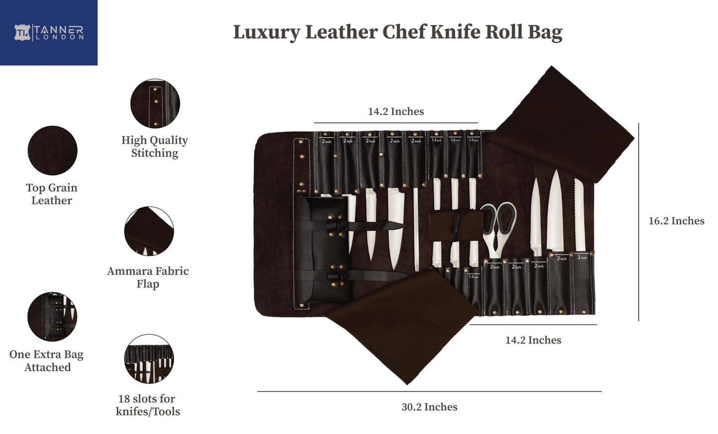 Tanner london Premium Leather Chef Knife Roll Bag – 18 Slot Knife & Tool Holder | Travel-Friendly Cutlery Organizer for Professional Chefs & Culinary Experts