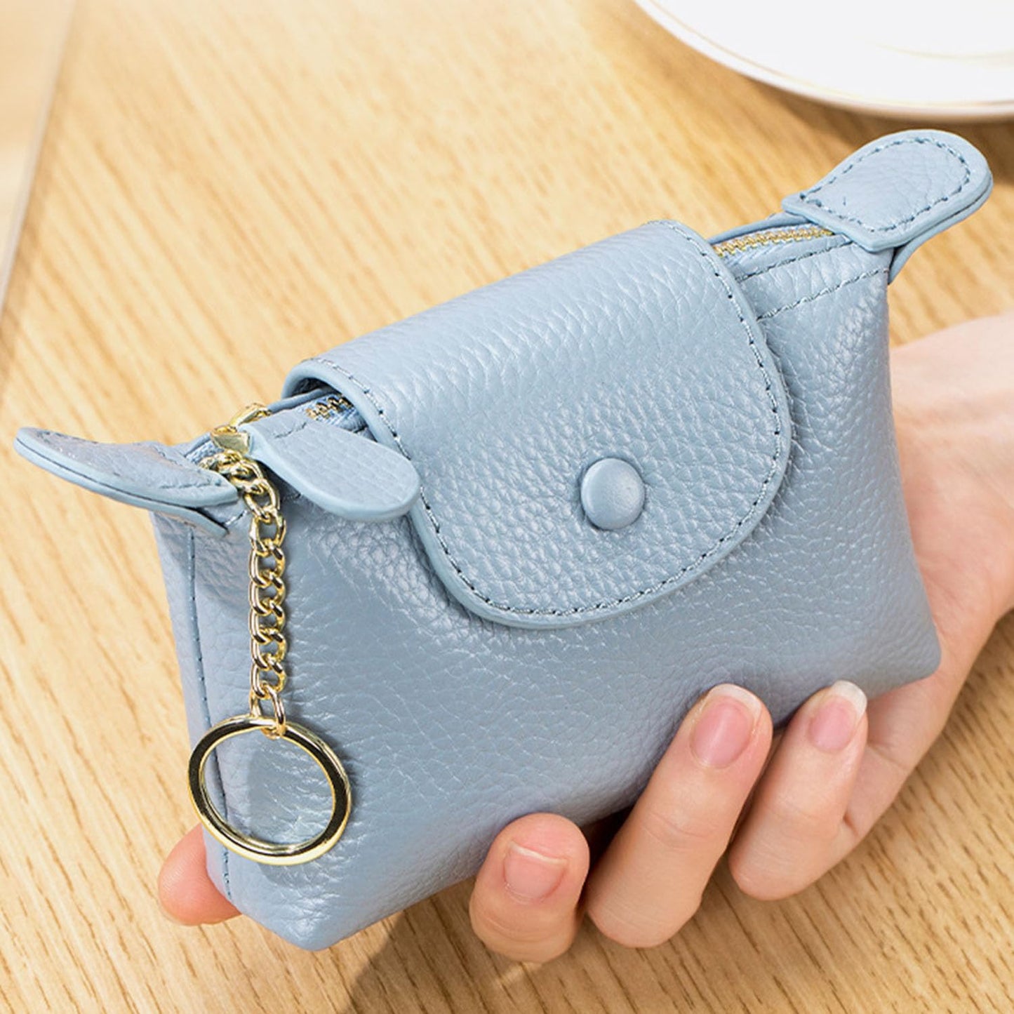 BDHRKTE Women's Genuine Leather Mini Coin Purse and Wrist Bag - Coin Organizer, Change Holder, Card Case, Zipper Storage Bag in Water Blue