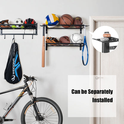 XCSOURCE Sports Equipment Organizer, 3-Tier Ball Storage Rack with Bat & Racket Holders, Wall Mounted Garage Sports Gear Storage Shelf with 4 Hooks for Balls, Helmets & Accessories (Glossy Black)